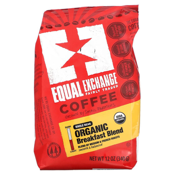 Equal Exchange, органический кофе, смесь для завтрака, цельные зерна, средняя и французская обжарка, 340 г (12 унций)