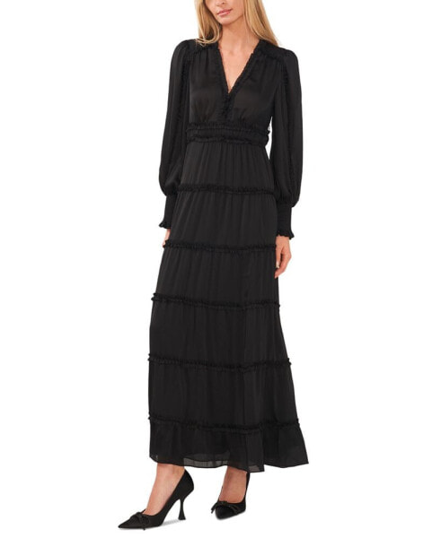 Women's Long Sleeve Plisse Ruffle Maxi Dress