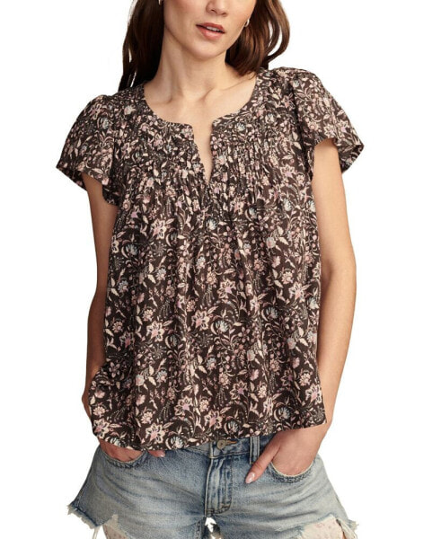 Women's Cotton Smocked Flutter-Sleeve Top