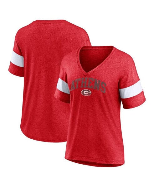 Women's Heather Red Georgia Bulldogs Plus Size Arched City Sleeve Stripe V-Neck T-shirt