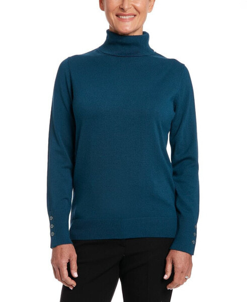 Solid Turtleneck with Button Cuff