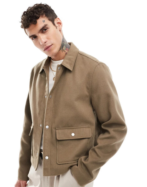 ASOS DESIGN wool look cropped harrington jacket in tan