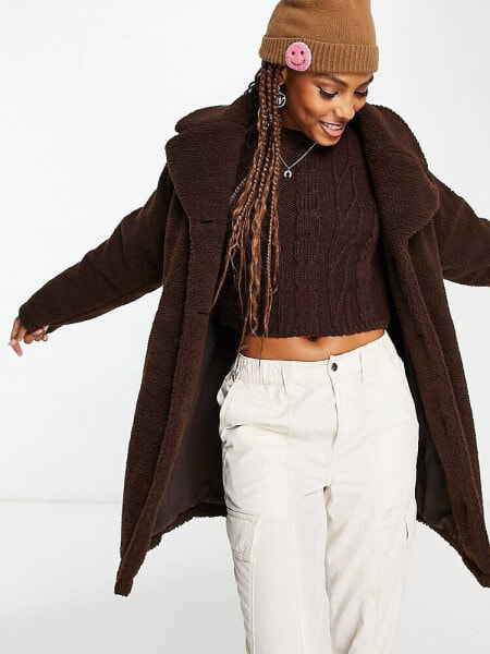 Monki borg teddy jacket in brown