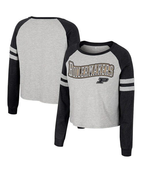Women's Heather Gray Purdue Boilermakers I'm Gliding Here Raglan Long Sleeve Cropped T-shirt