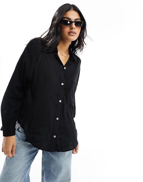 Pull&Bear long sleeve linen look shirt in black