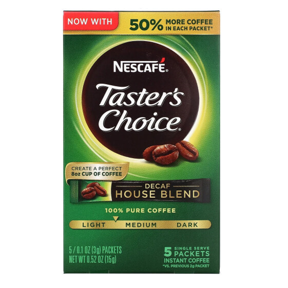 Nescafé, Taster's Choice, House Blend, растворимый кофе, легкая/средняя обжарка, без кофеина, 5 пакетиков по 3 г (0,1 унции)