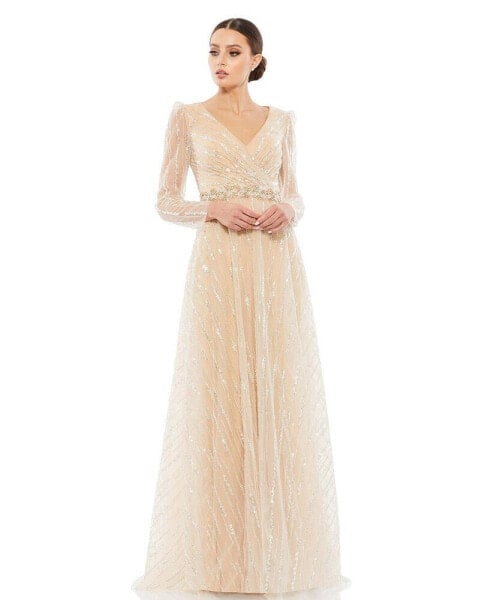 Women's Long Sleeve Gown With Silver Sequin