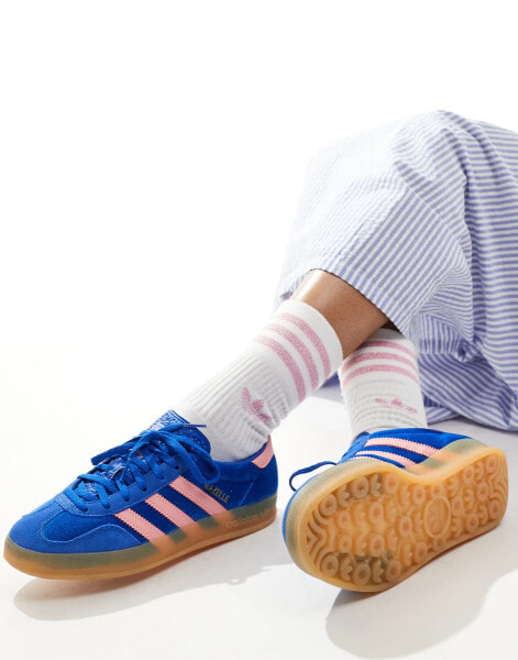 adidas Originals Gazelle Indoor trainers in blue and pink velvet