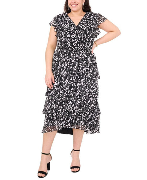 Plus Size Printed Chiffon Flutter-Sleeve Maxi Dress