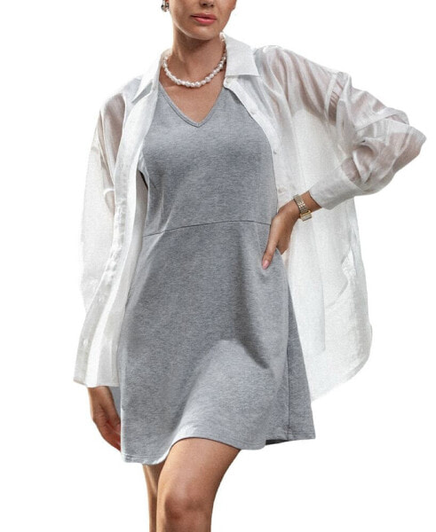 Women's Grey Sleeveless V-Neck Mini Beach Dress