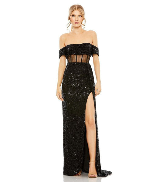 Women's Sequined Gown With Sheer Corset Waist And Slit