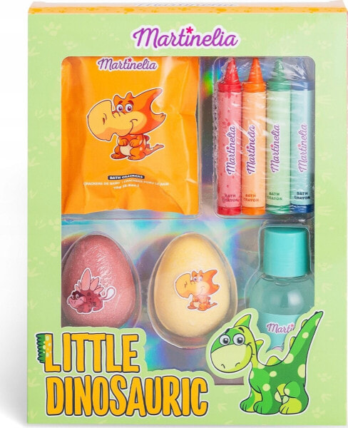 MARTINELIA_SET Little Dinosauric Fun Bath kula do kąpieli 2x70g + żel do mycia 100ml + kredki do malowania 5szt + sól do kąpieli 100g