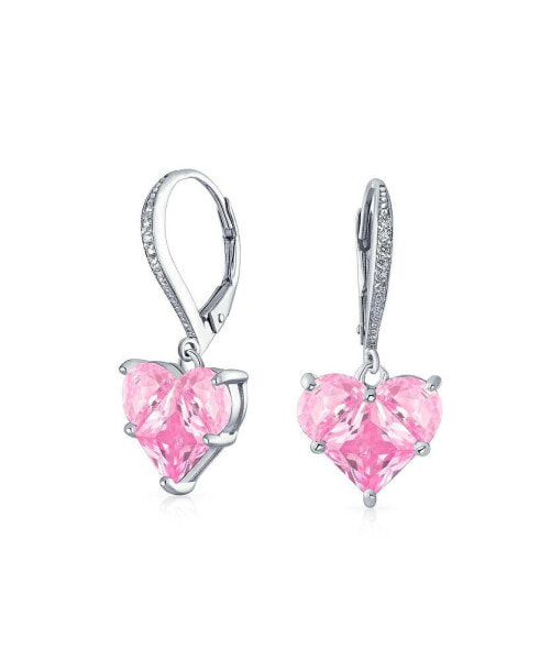 Bridal Anniversary Wedding Romantic 4CT AAA CZ Pink Heart Shaped Cubic Zirconia Dangle Lever back Earrings Girlfriend Invisible Cut Sterling Silver