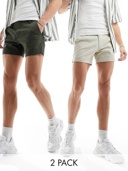 ASOS DESIGN 2 pack skinny shorter length chino shorts in khaki and stone save