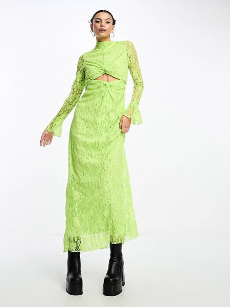 Something New x Lame. Cobain high neck lace maxi dress with cut outs in acidic lime green