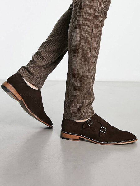ASOS DESIGN monk shoes in brown suede with natural sole