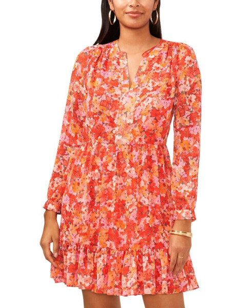 Women's Floral Printed Long Sleeve Split Neck Tiered Baby Doll Dress