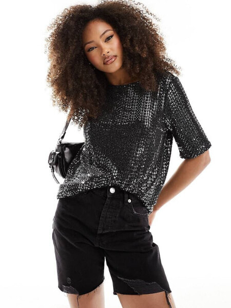 JDY exclusive sequin long t-shirt in silver & black