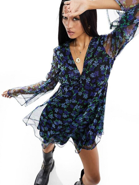 Wednesday's Girl ditsy floral mesh flared sleeve mini dress in blue