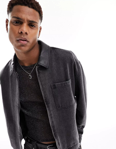 ASOS DESIGN oversized denim harrington jacket with PU collar in washed black