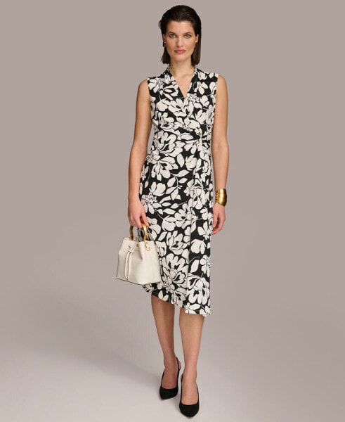 Women's Floral Print Gathered Sleeveless Midi Dress