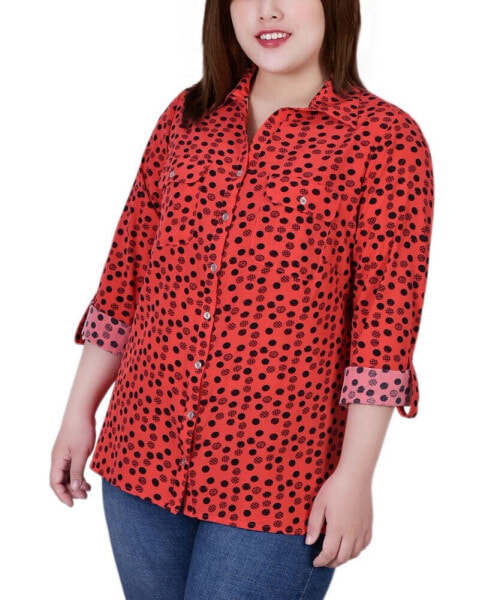 Plus Size 3/4 Sleeve Roll Tab Notch Collar Blouse