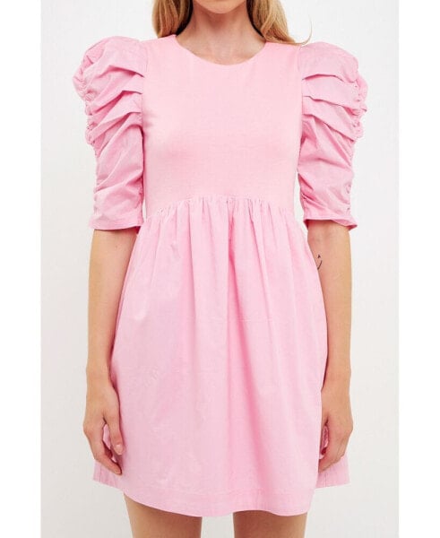 Women's Pleated Puff Sleeve Mini Dress