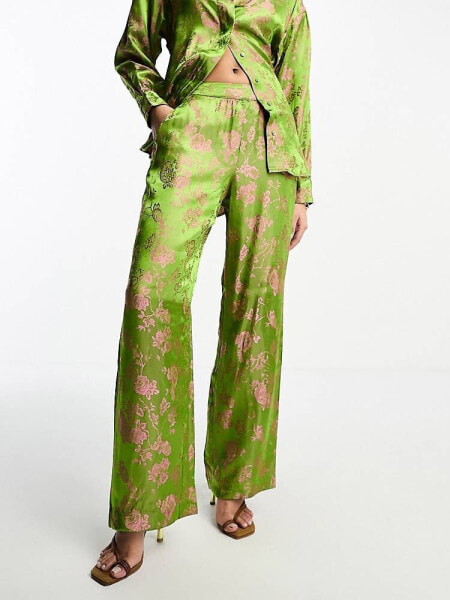 Y.A.S floral jacquard trouser co-ord in green and pink 