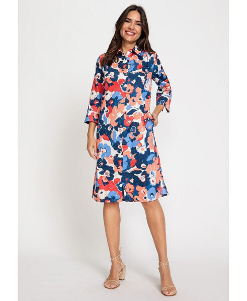 Women's 100% Cotton 3/4 Sleeve Floral Print Shirt Dress