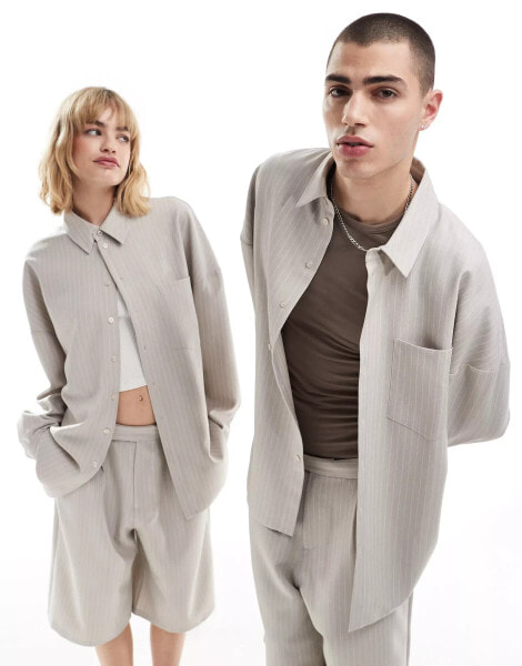 COLLUSION unisex co-ord tailored oversized shirt in sand pinstripe