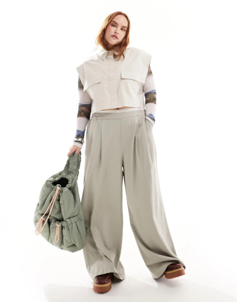 ASOS DESIGN Curve wide leg trouser with boxer waist in grey