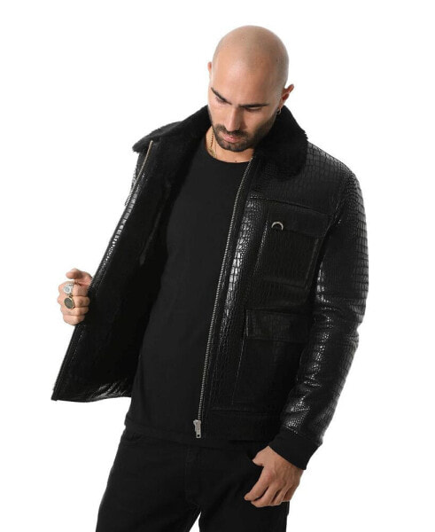 Men's Black Leather Bomber Jacket, Crocodile Emboss