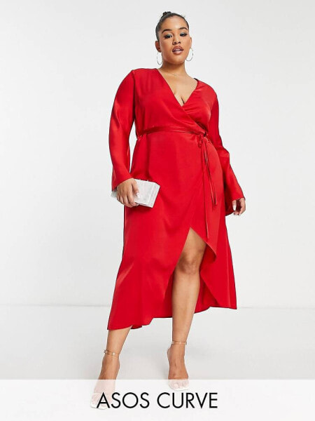 ASOS DESIGN Curve bias cut satin wrap dress with tie waist in red