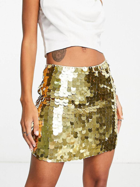 Miss Selfridge Festival Premium disc sequin mini skirt in gold