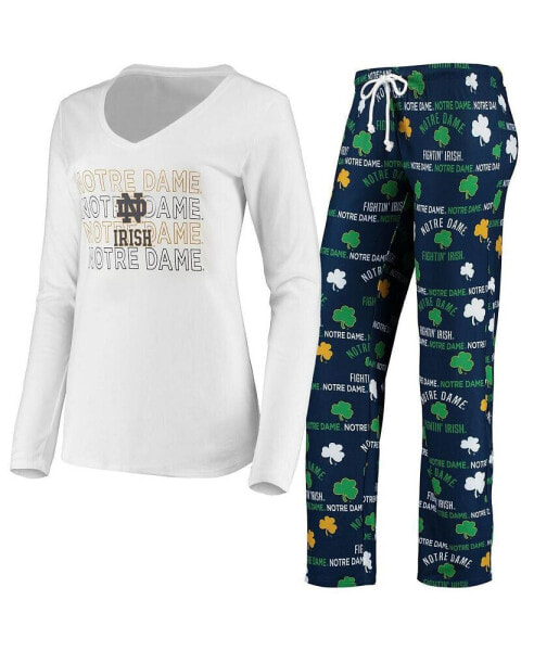 Women's Navy, White Notre Dame Fighting Irish Flagship Long Sleeve T-shirt and Pants Sleep Set