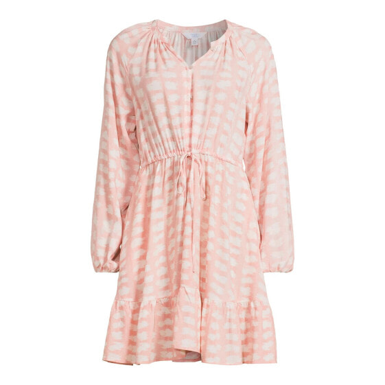 Time and Tru Drawstring Mini Dress Women's Large Pink/White Rayon Longsleeve