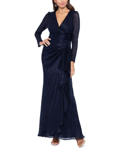 Petite Metallic-Knit Long-Sleeve Gown