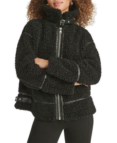 Women's Faux-Leather-Trim Teddy Moto Coat