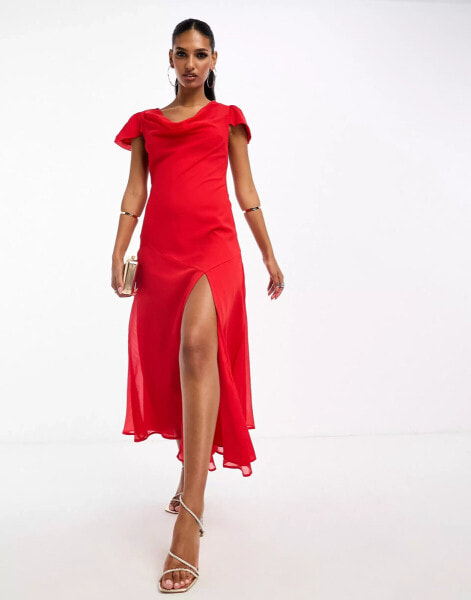 ASOS DESIGN – Midikleid aus Chiffon in Rot mit Wasserfallausschnitt, Puffärmeln und asymmetrischem Saum