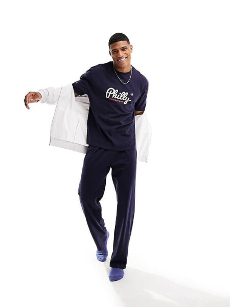 ASOS DESIGN philly print pyjama set in navy