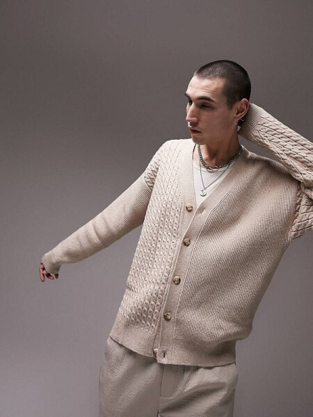 Topman mix stitch cardigan in stone