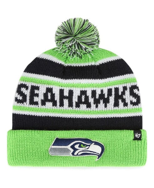 Big Boys College Navy and Neon Green Seattle Seahawks Hangtime Cuffed Knit Hat with Pom