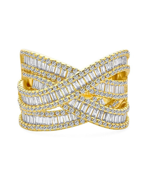 Pave AAA CZ Crossover Criss Cross Costume Faux Stacking Wide Statement Cocktail 4 Row Baguette Multi Band Ring For Women