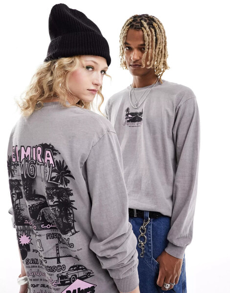 Reclaimed Vintage unisex oversized long sleeve t shirt with back graphic in grey