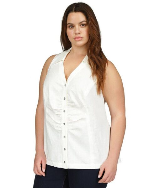 Plus Size Linen Button-Front Sleeveless Top