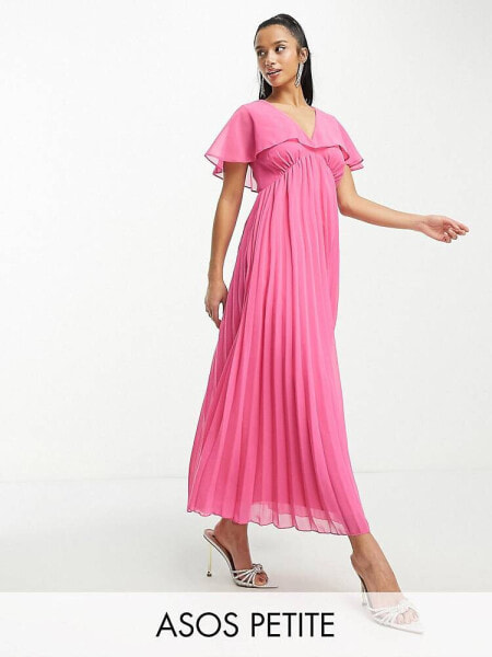ASOS DESIGN Petite angel cape sleeve pleated hem maxi dress in hot pink