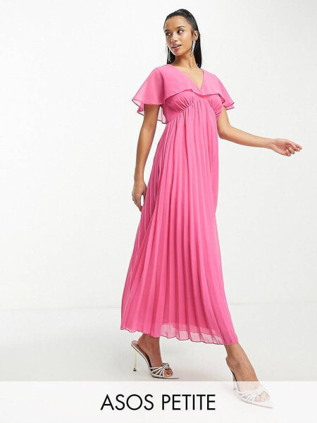 ASOS DESIGN Petite – Maxikleid in Hot Pink mit plissiertem Rock und Saum und Flügelärmeln