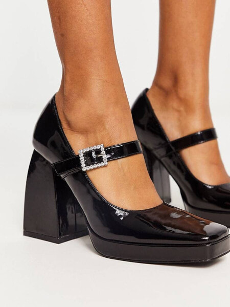 RAID Maya block heel mary janes with embellished buckle in black patent