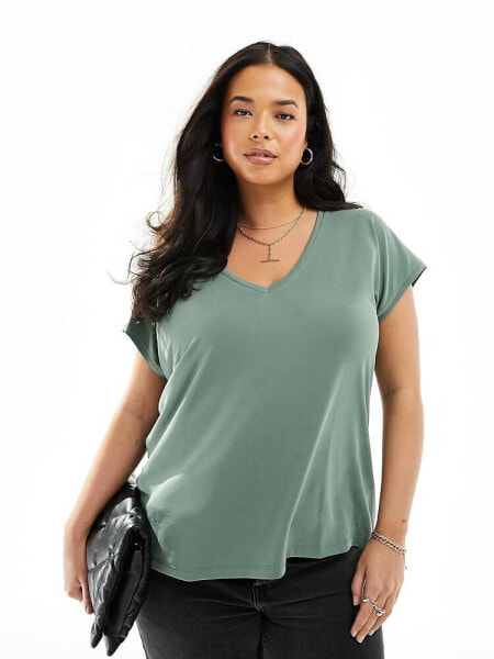 Vero Moda Curve slinky v neck t-shirt in khaki