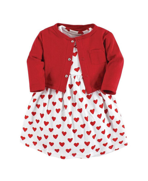 Baby Girls Cotton Dress and Cardigan Set, Red Hearts